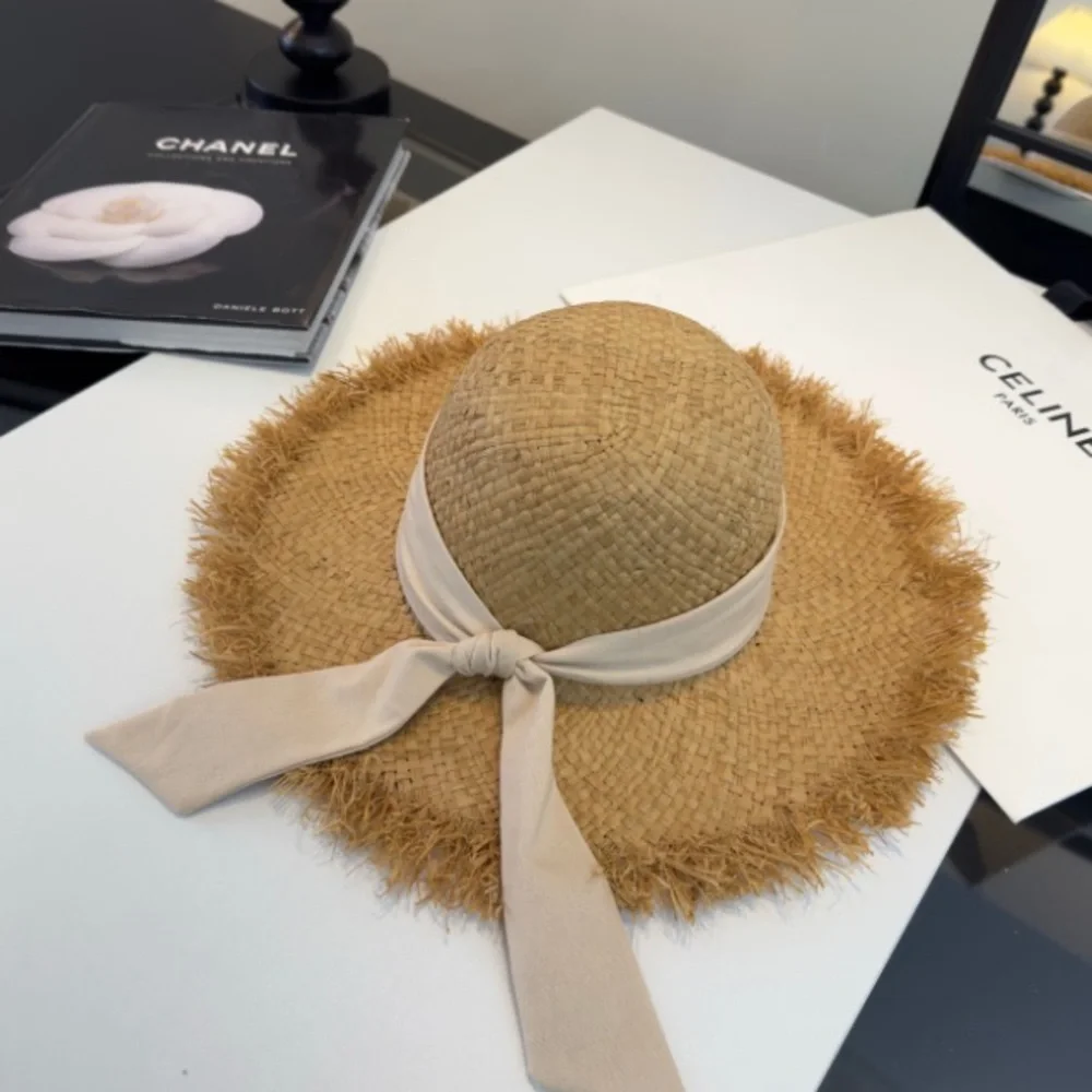 Chanel Natural Straw Wide-Brim Sun Hat with Beige Ribbon - Picture 2 of 7